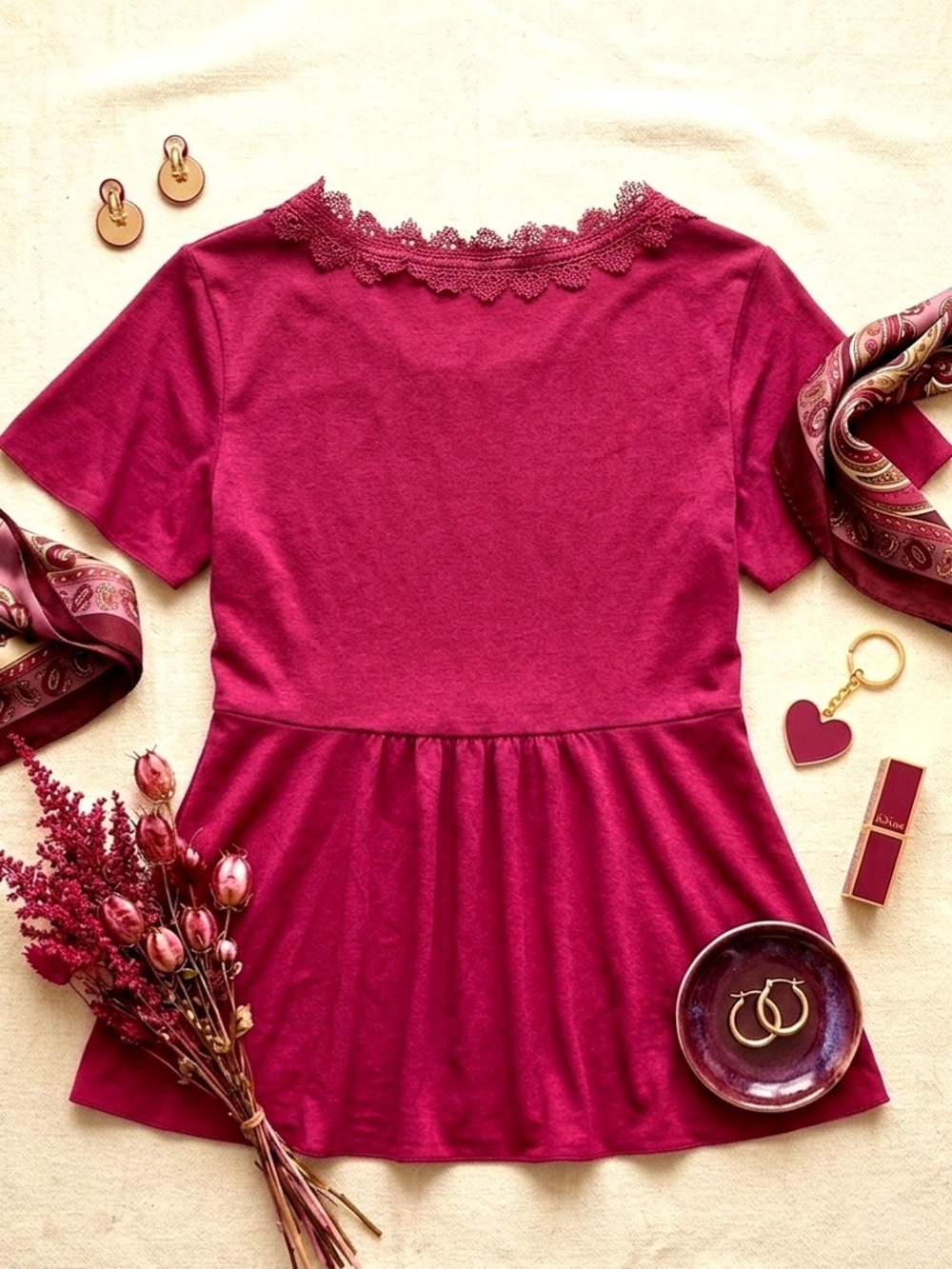 Boho Hippie Berry Red  Lace-Trim Tunic with Tasseled Tie & Empire Waist Medium - Picture 2 of 4